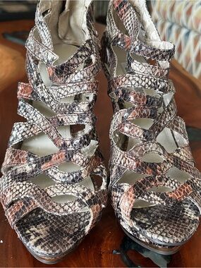 Jennifer Lopez Snake-Print Strappy High Heel Sandals in Pink and Brown